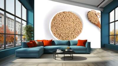 plate and wooden spoon full with lentils on white background isolated close up Wall mural