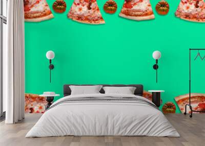 triangular slices of pizza with tomatoes are arranged in two rows, the first row on top of the image, in the second row at the bottom of the image, in the middle of the free advertising space, on a li Wall mural