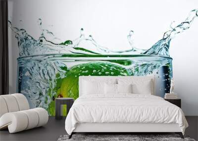 A fresh lime splashes into a clear glass of water creating an energetic burst of droplets Wall mural