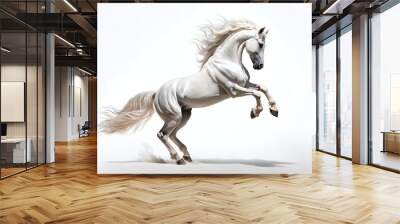 A majestic white horse rears gracefully against a solid backdrop, showcasing its strength and elegance  Wall mural