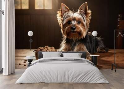 Cute yorkshire terrier surrounded by two bowls of dog food in cozy indoor setting Wall mural