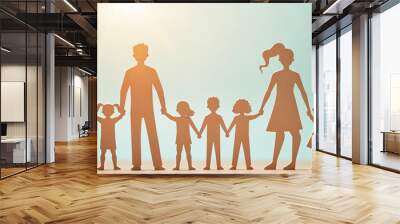 Family silhouettes holding hands against a bright background during sunset, symbolizing unity and togetherness Wall mural