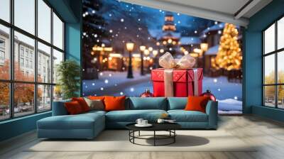 Festive red Christmas gift box surrounded by snow and holiday decorations in a winter village at night Wall mural