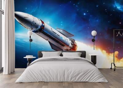 Rocket launches into space against a backdrop of stars and Earth, showcasing the power of modern technology during a clear night Wall mural