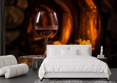 A glass of red wine with grapes and an old wine barrel. AI generation Wall mural