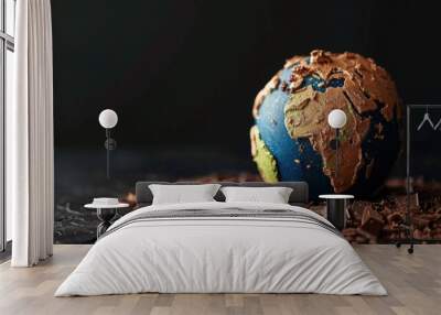 Chocolate candy in the shape of planet earth. World chocolate day concept. Place for text. Wall mural