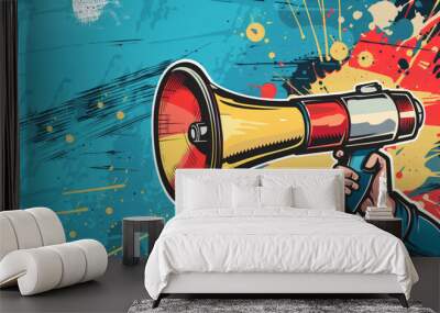 Halftone loudspeaker in hand - vintage collage element. Paper sticker with a collage design in a trendy retro 90's magazine style. illustration Wall mural