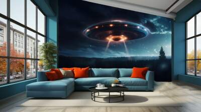 Image of a UFO hovering over the forest at night Wall mural