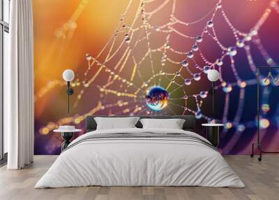 Spider web with dew drops. Hyperrealistic photo Wall mural