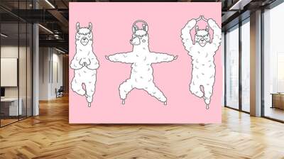 Cute lama in a yoga pose on a pink background. Vector illustration coloring book for printing on a postcard, on fabric, packaging paper, clothing. Cute children's background Wall mural