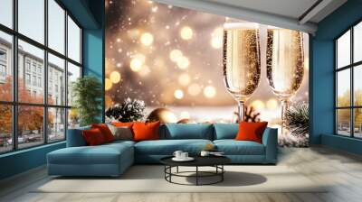 Two glasses of champagne, New Year's mood, light background. New Year's background Wall mural