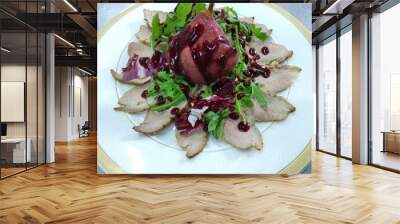 duck breast fillet with pear and cranberry sauce on a white plate. exquisite dish for cafes and restaurants. proper nutrition or diet. tasty and healthy food for dinner Wall mural