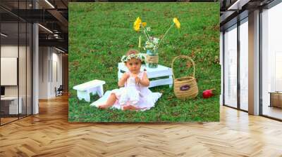  little girl in the meadow celebrates birthday Wall mural