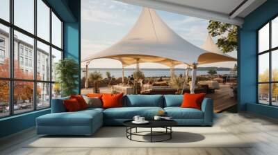 Sailcloth draped overhead, creating a maritime-inspired canopy. Wall mural