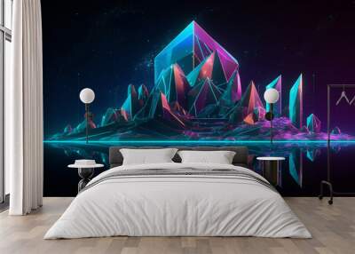 This design features 3D visualization, an abstract neon background with a geometric diamond shape, a square frame, and an impressive extraterrestrial landscape under a starry night Generative AI Wall mural