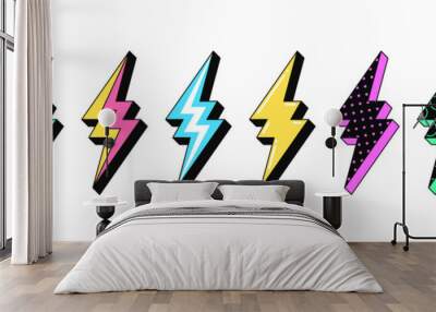 Isolated Lightning bolt signs. 5st set of flash thunderbolts with texture for zine retro culture Wall mural