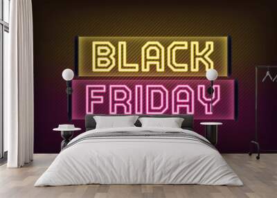 Neon Black Friday banner design. Outline yellow pink neon text Black Friday on translucent signboard. Text title template for animation, digital ad and social media banners. Vector illustration Wall mural