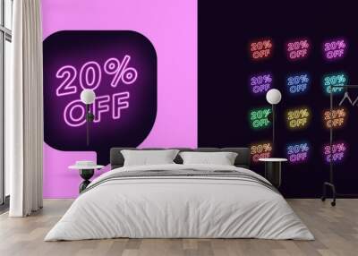 Neon Discount Tag, 20 Percentage Off. Offer Sale Wall mural