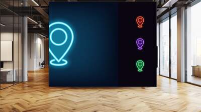 Neon map pin icon. Glowing neon marker sign, outline pointer pictogram Wall mural