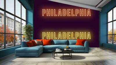 Neon name of Philadelphia city in USA. Vector text Wall mural