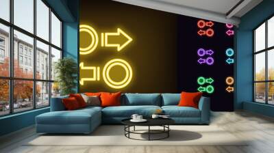 Outline neon coin convert icon set. Glowing neon token exchange sign with arrows. Crypto currency conversion, money cashback, refund, swapping token market, reinvest, virtual coin trade. Vector icons Wall mural