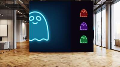 Outline neon cute ghost icon. Glowing neon Funny ghost with smile, smiling spirit pictogram Wall mural