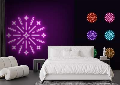 Outline neon firework icon. Glowing neon firework explosion silhouette, starburst pictogram. Festive firework burst Wall mural