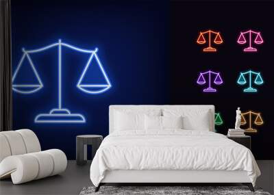 Outline neon justice scales icon. Glowing neon judge scales sign, libra pictogram. Legal judgement Wall mural