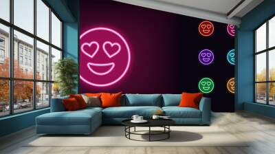 Outline neon love emoji icon. Glowing neon passionate emoticon with heart eyes, enamored face pictogram. Love feeling Wall mural