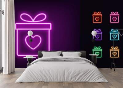 Outline neon love gift icon set. Glowing neon gift box with heart sign, give present. Romantic surprise, receive gift bonus and prize, present love, get gift box, donation and giveaway Wall mural