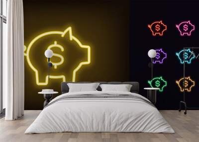 Outline neon money box icon. Glowing neon piggy bank with dollar sign, moneybox pictogram. Piggybank Wall mural