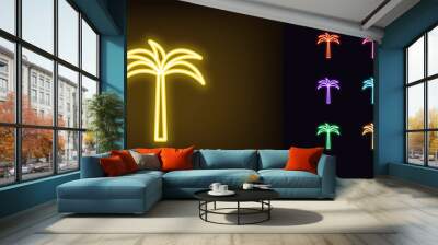 Outline neon palm tree icon. Glowing neon palm sign, tropic summer pictogram. Tropical paradise Wall mural