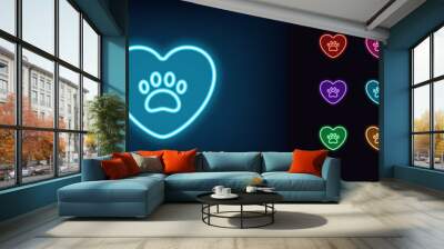 Outline neon pet love icon set. Glowing neon heart with animal paw. Pet care and veterinary aid, shelter and home for animals, donation and charity, animal rescue fund, cat and dog care. Vector icons Wall mural