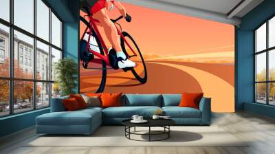 A cyclist on a road bike rushes forward. Sunset on the background, dynamic vector illustration. banner Wall mural