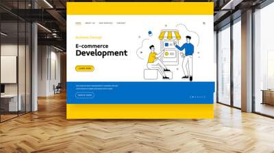 E-commerce development banner template. Cartoon people characters developers are working on creating a new mobile online store application. Line art flat vector illustration Wall mural