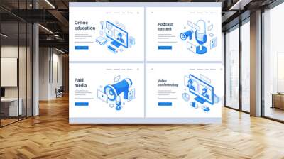 Set of blue and white vector illustrations of web banners advertising assorted paid media and contemporary services in global Internet. 3D isometric web banners, landing page templates Wall mural