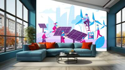 Workers installing ecological energy generators. Flat vector illustration Wall mural