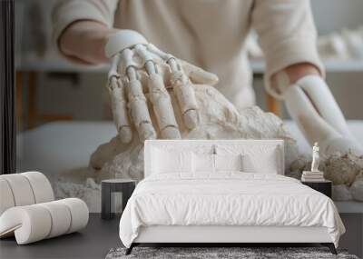 Artist with prosthetic hand sculpting clay in modern studio Wall mural