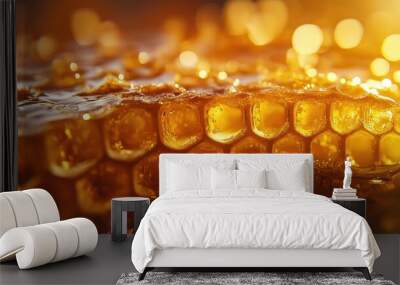 Macro shot of honeycomb dripping with golden honey Wall mural