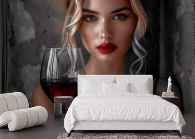 Beautiful young woman with a glass of red wine against a concrete wall Wall mural