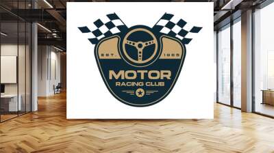 Car steering wheel logo template vector design element vintage style for label or badge retro illustration. Motor racing car. Wall mural