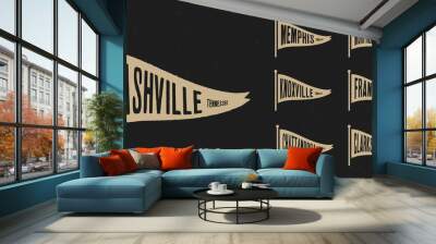 Set flag graphic. Old vintage trendy flag with city of Tennessee. Vintage banner with ribbon flag. Wall mural