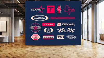 Set streetwear auto racing logo ideas for a clothing brand. Design vector typography for decals auto and t-shirt Texas, USA streetwear clothing y2k style. Wall mural