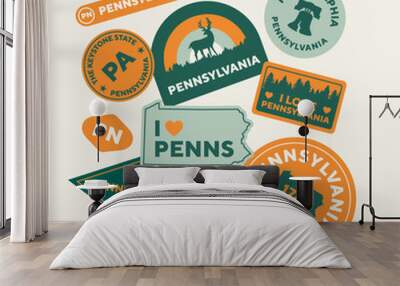 Sticker Pack. Collection of trendy pins. Set of cool patches vector design. Pennsylvania retro badges. Wall mural