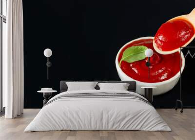 Banner of ketchup or red tomato sauce spoon and bowl on black background Wall mural