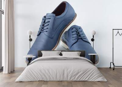 Classic men leather casual blue shoes on gray background Wall mural