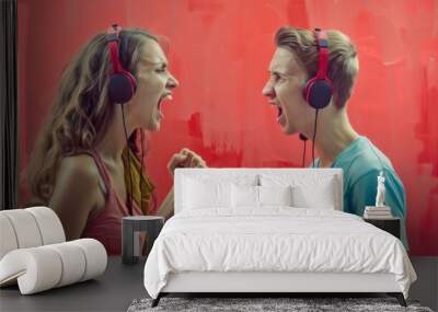 2 people wearing headphone shouting at each other to play games, look vibrant and exciting. Wall mural