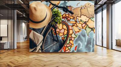 A bicycle with a backpack and a straw hat on it is next to a map of the world Wall mural