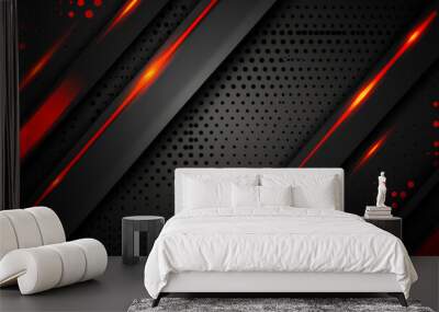 A black and red background with red lines and dots. The image has a futuristic and edgy feel to it Wall mural