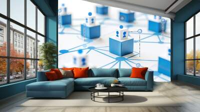 A blue and white image of many cubes connected to each other. The cubes are arranged in a network pattern, with some cubes being connected to others and some being isolated Wall mural